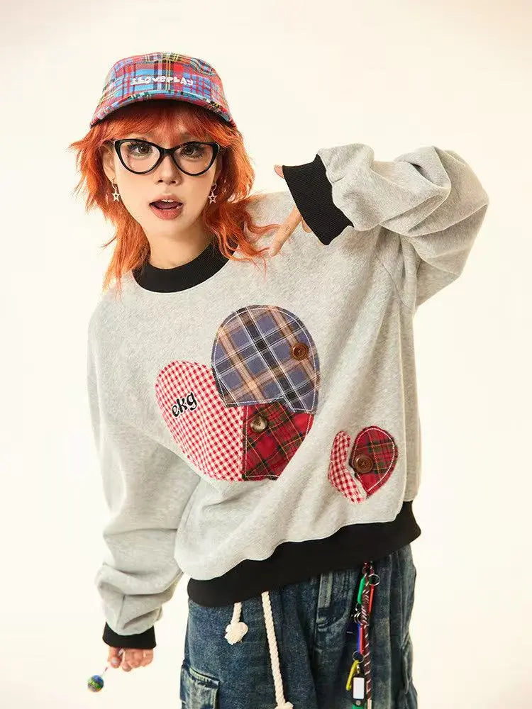 Vintage Plaid Heart Patch Oversized Sweatshirt   OL2201