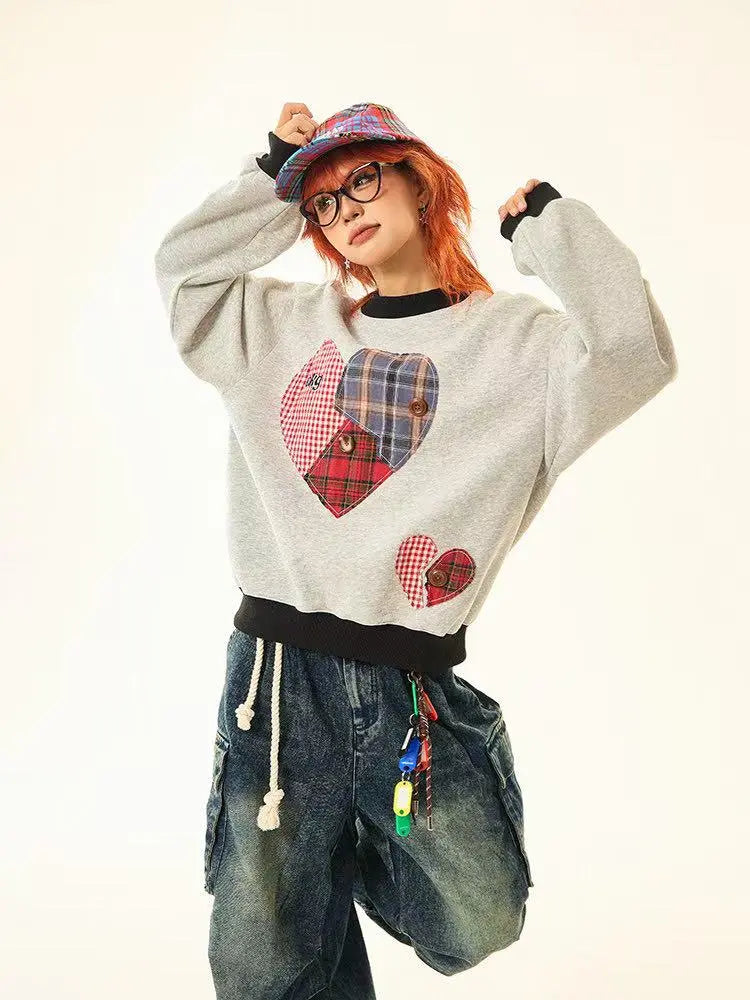 Vintage Plaid Heart Patch Oversized Sweatshirt   OL2201