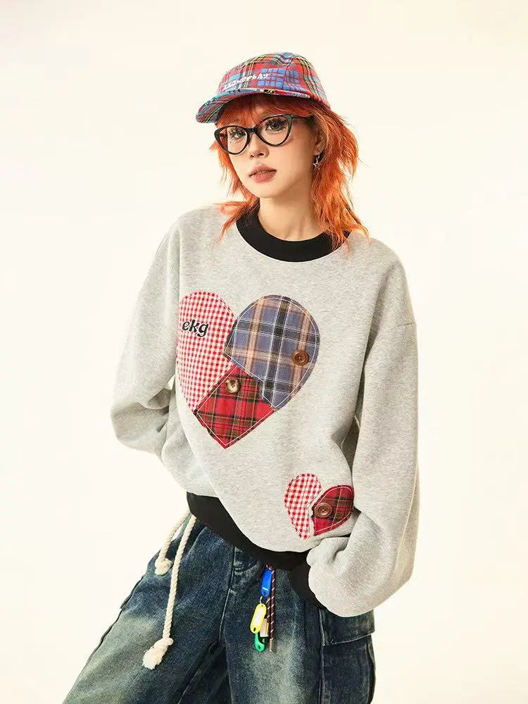 Vintage Plaid Heart Patch Oversized Sweatshirt   OL2201