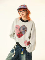 Vintage Plaid Heart Patch Oversized Sweatshirt   OL2201