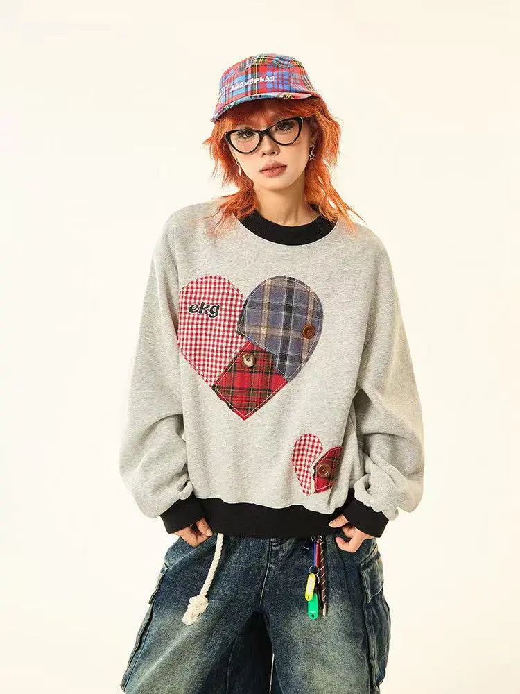 Vintage Plaid Heart Patch Oversized Sweatshirt   oliviroa オリヴィオラ