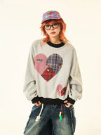 Vintage Plaid Heart Patch Oversized Sweatshirt   oliviroa オリヴィオラ