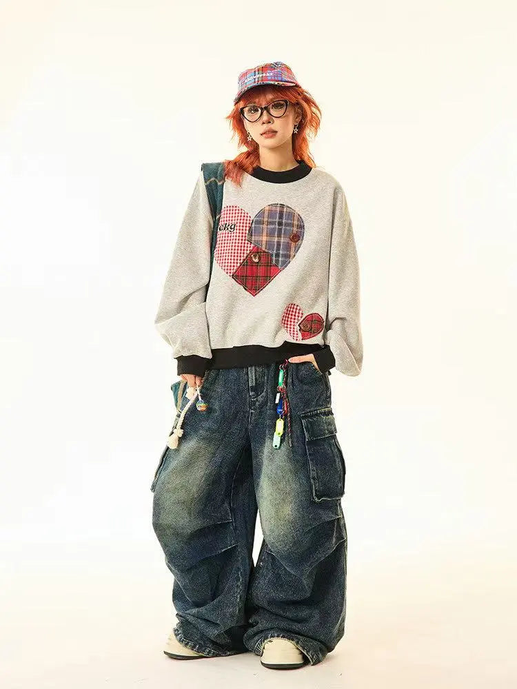 Vintage Plaid Heart Patch Oversized Sweatshirt   OL2201