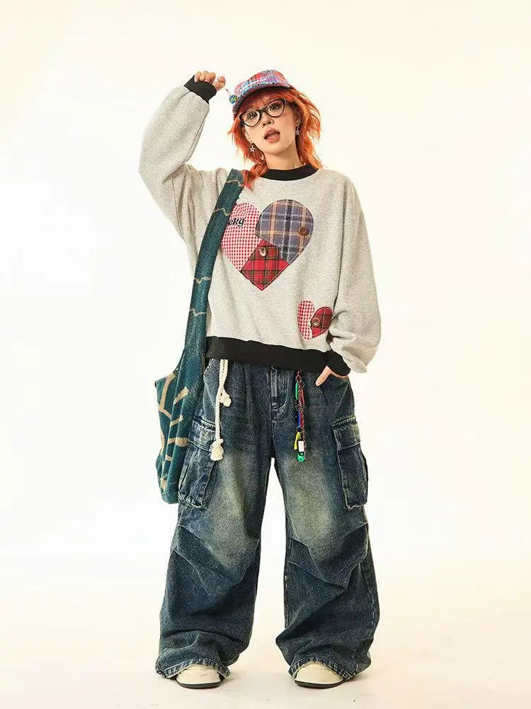 Vintage Plaid Heart Patch Oversized Sweatshirt   OL2201