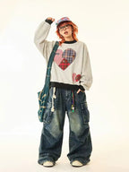 Vintage Plaid Heart Patch Oversized Sweatshirt   OL2201