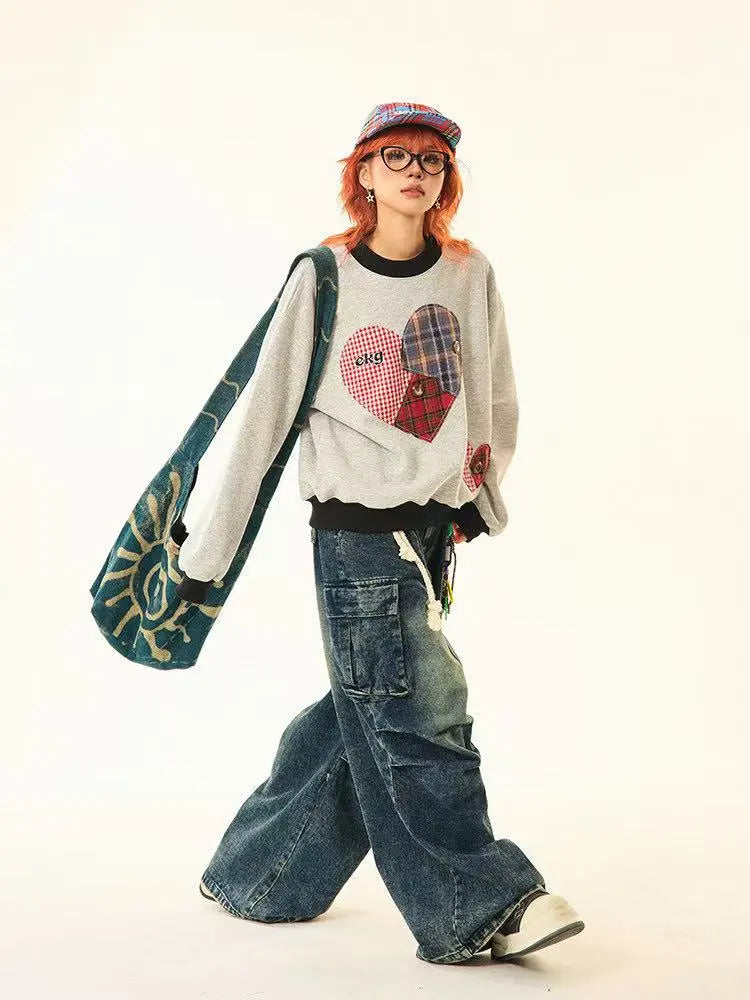 Vintage Plaid Heart Patch Oversized Sweatshirt   OL2201