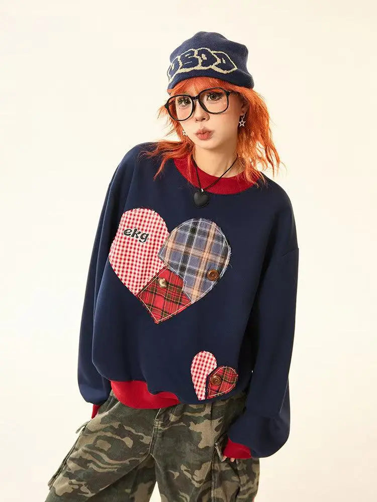 Vintage Plaid Heart Patch Oversized Sweatshirt   OL2201
