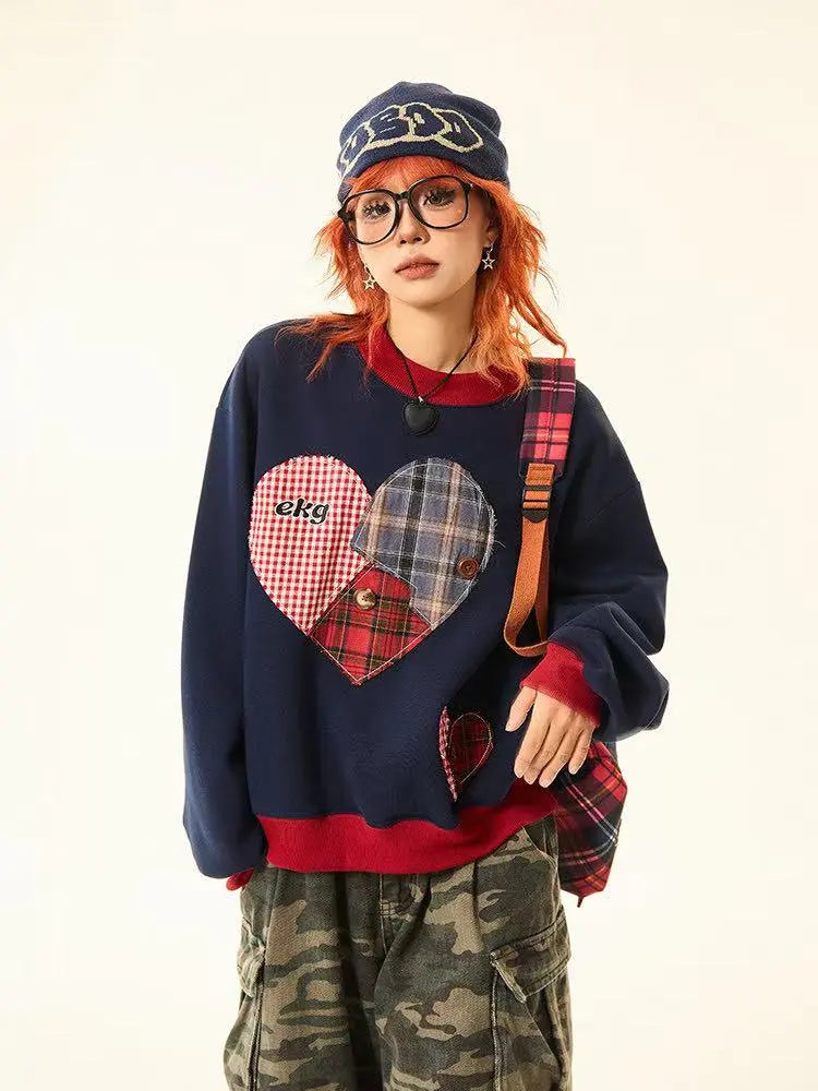 Vintage Plaid Heart Patch Oversized Sweatshirt   OL2201