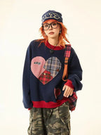 Vintage Plaid Heart Patch Oversized Sweatshirt   OL2201
