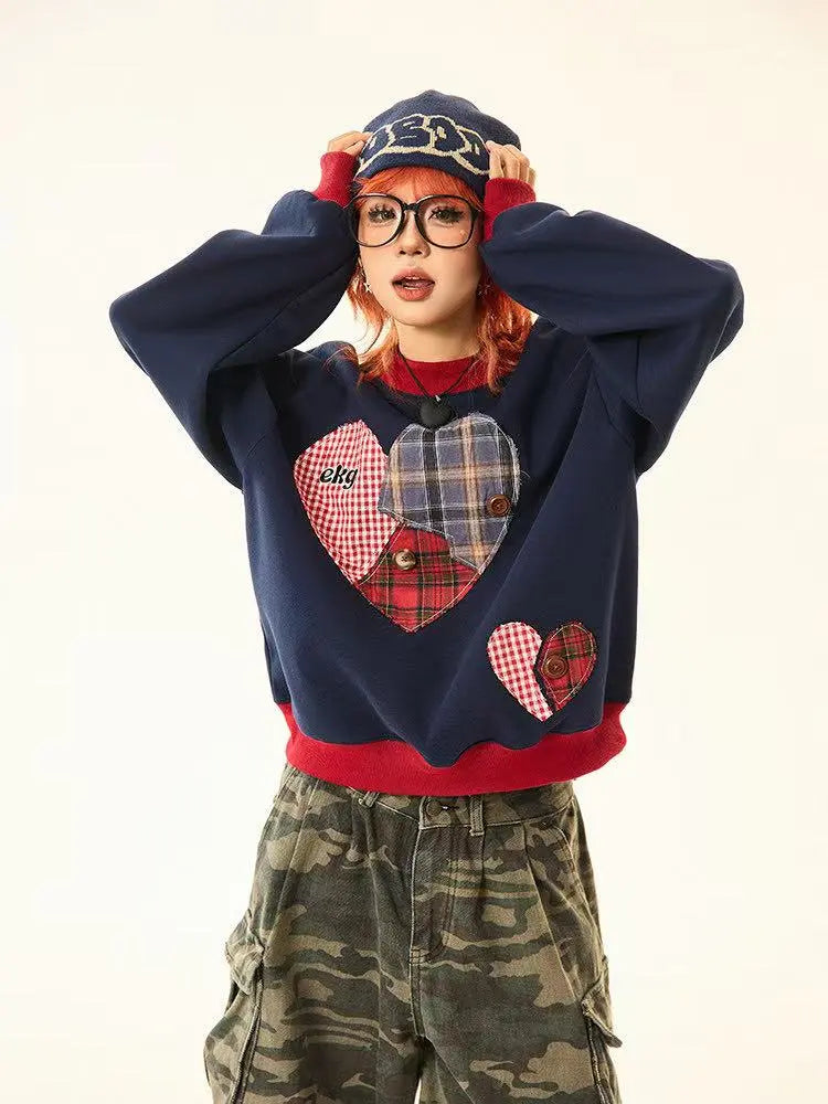 Vintage Plaid Heart Patch Oversized Sweatshirt   OL2201