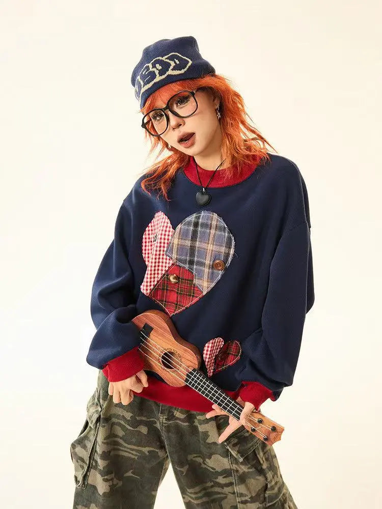 Vintage Plaid Heart Patch Oversized Sweatshirt   OL2201