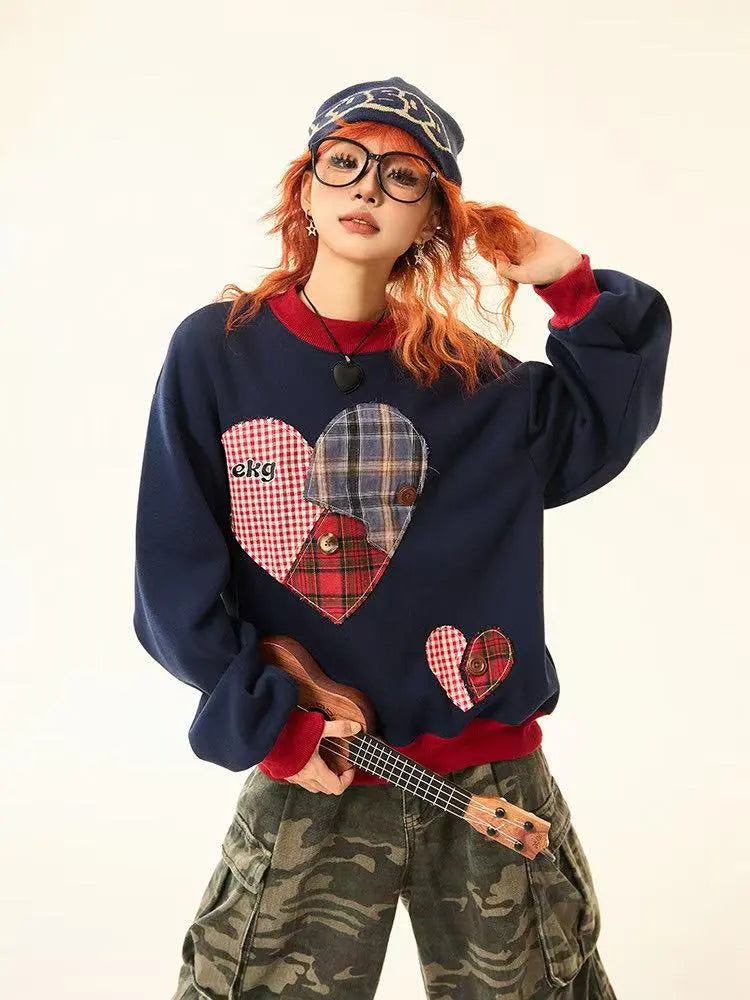 Vintage Plaid Heart Patch Oversized Sweatshirt   OL2201