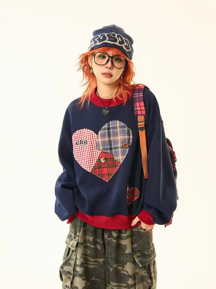 Vintage Plaid Heart Patch Oversized Sweatshirt   OL2201