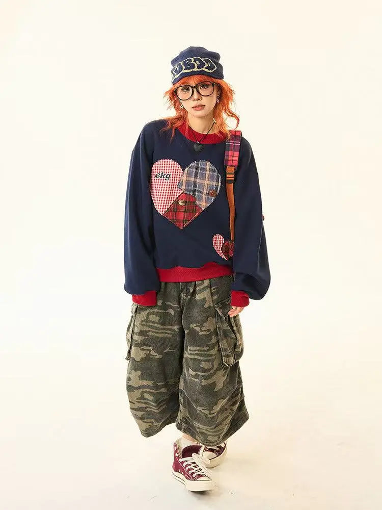 Vintage Plaid Heart Patch Oversized Sweatshirt   OL2201