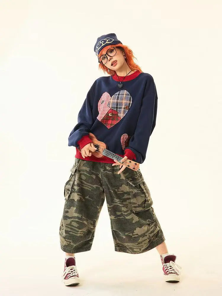 Vintage Plaid Heart Patch Oversized Sweatshirt   OL2201