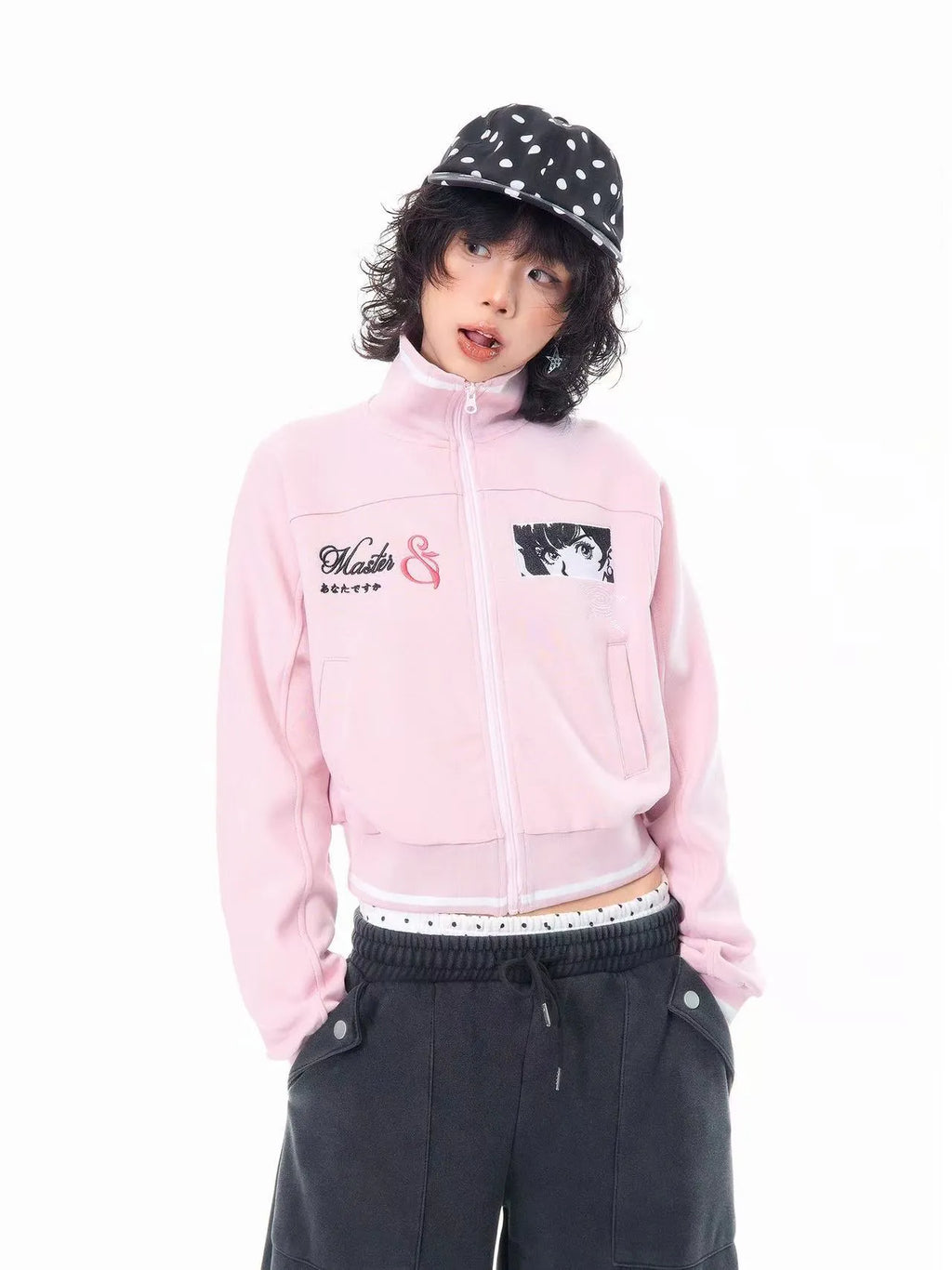 Embroidered Stand Collar Cropped Zip Jacket OL2202