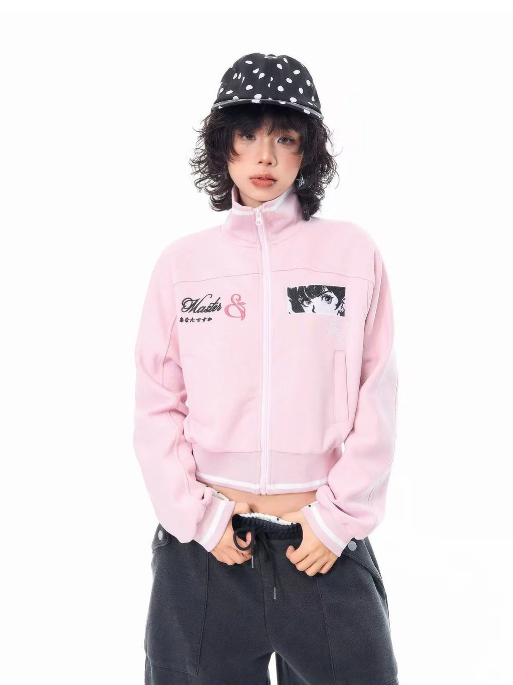 Embroidered Stand Collar Cropped Zip Jacket OL2202