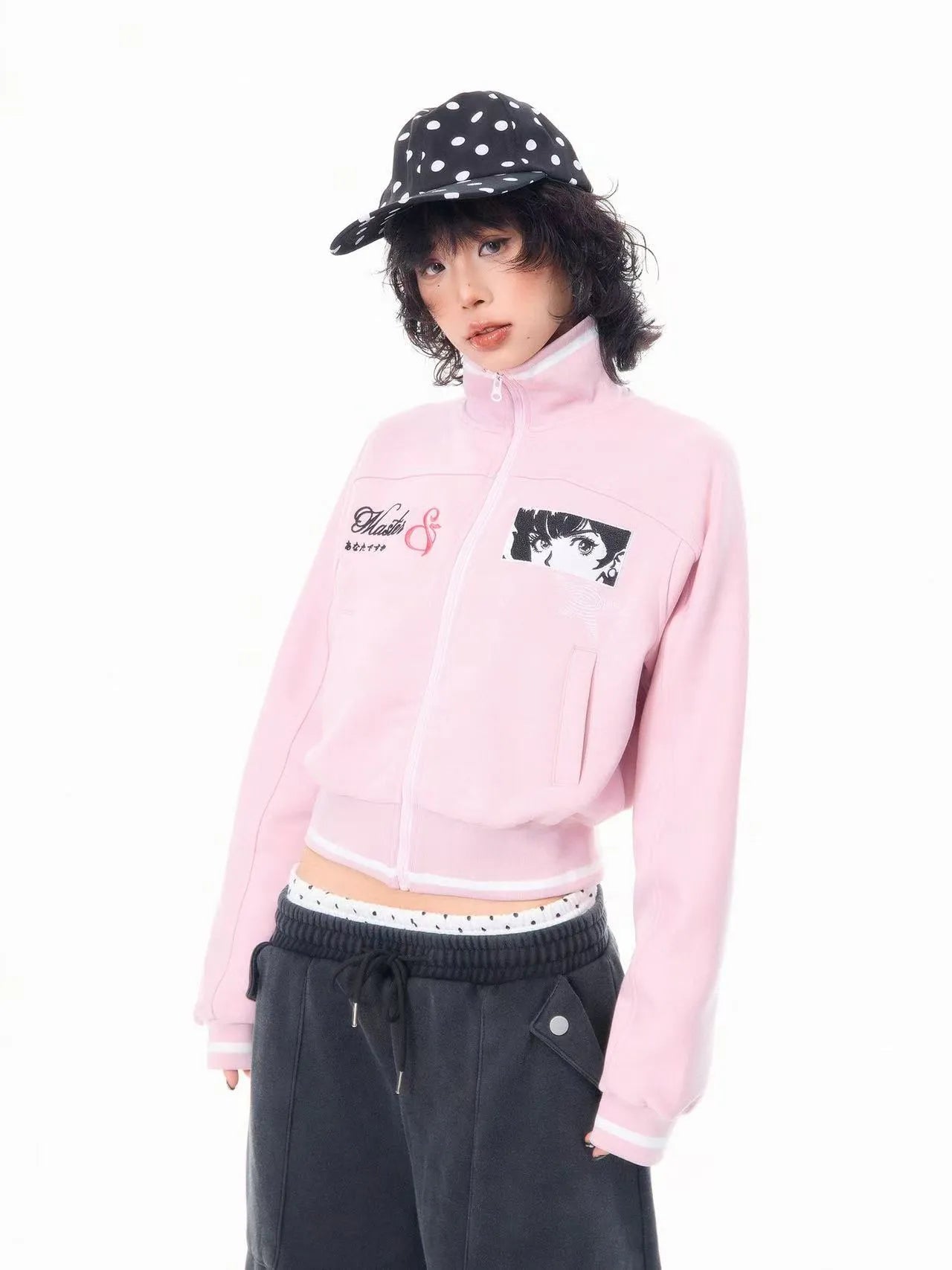 Embroidered Stand Collar Cropped Zip Jacket   OL2202