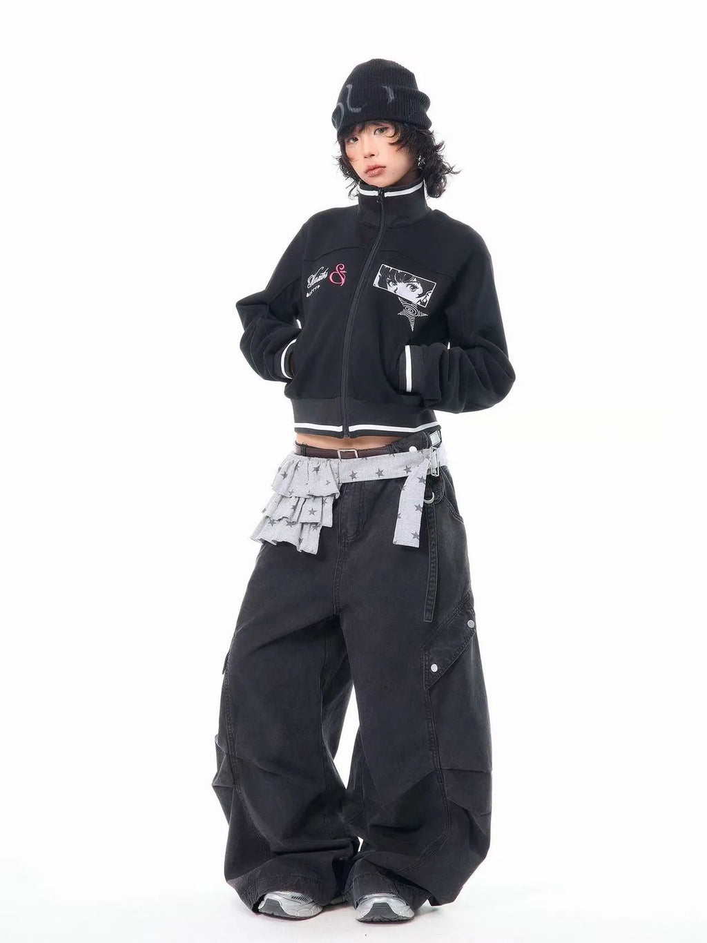 Embroidered Stand Collar Cropped Zip Jacket OL2202