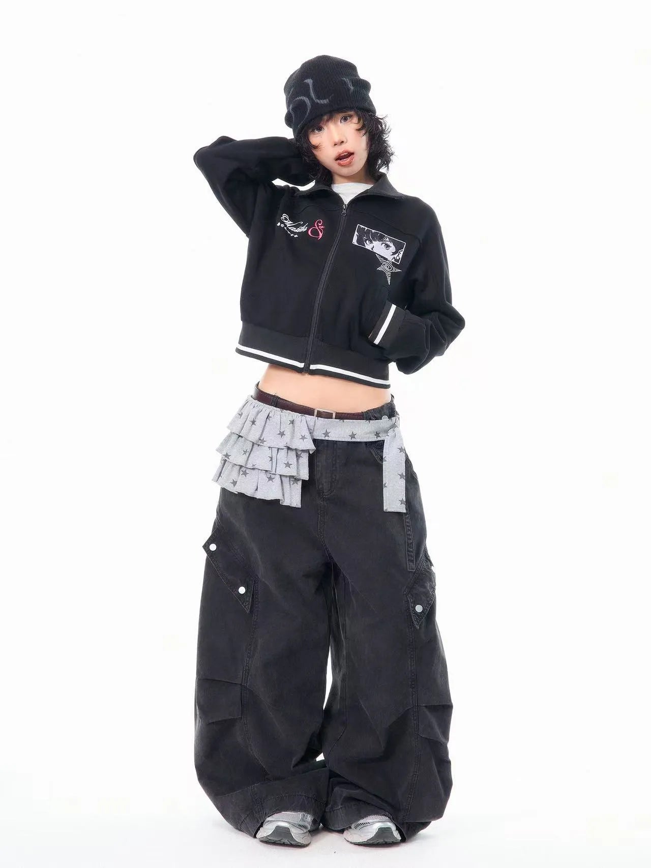 Embroidered Stand Collar Cropped Zip Jacket   OL2202