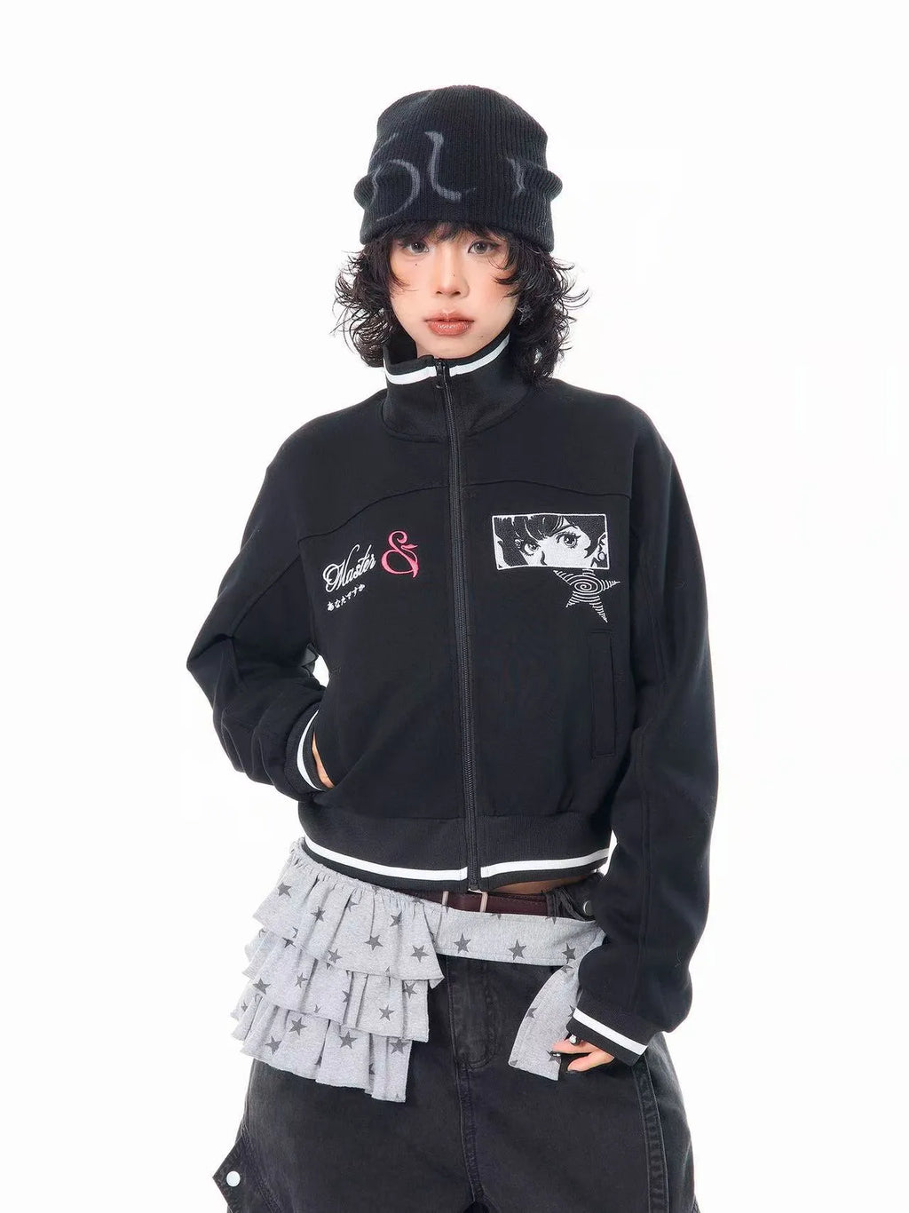 Embroidered Stand Collar Cropped Zip Jacket OL2202