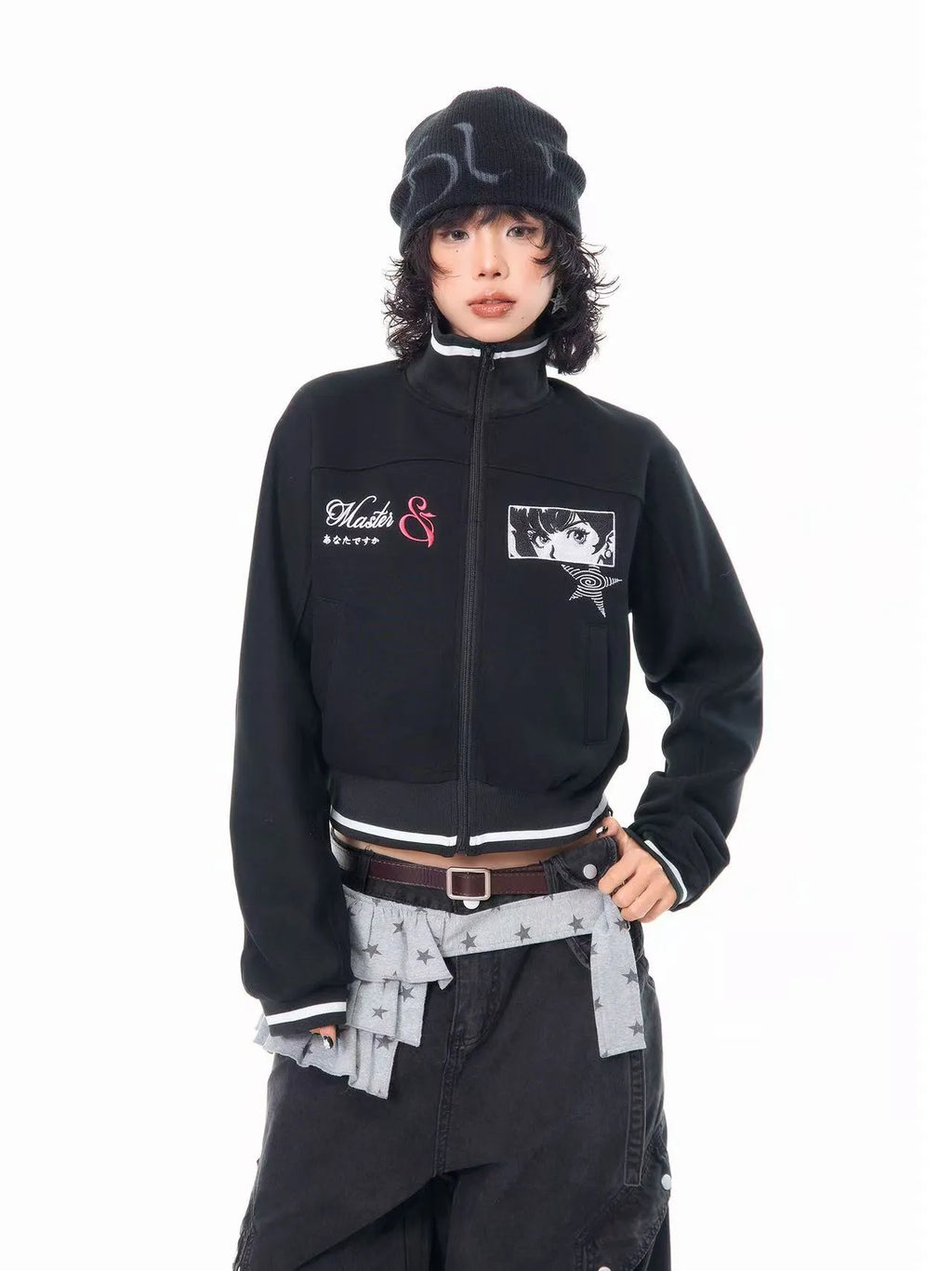 Embroidered Stand Collar Cropped Zip Jacket OL2202