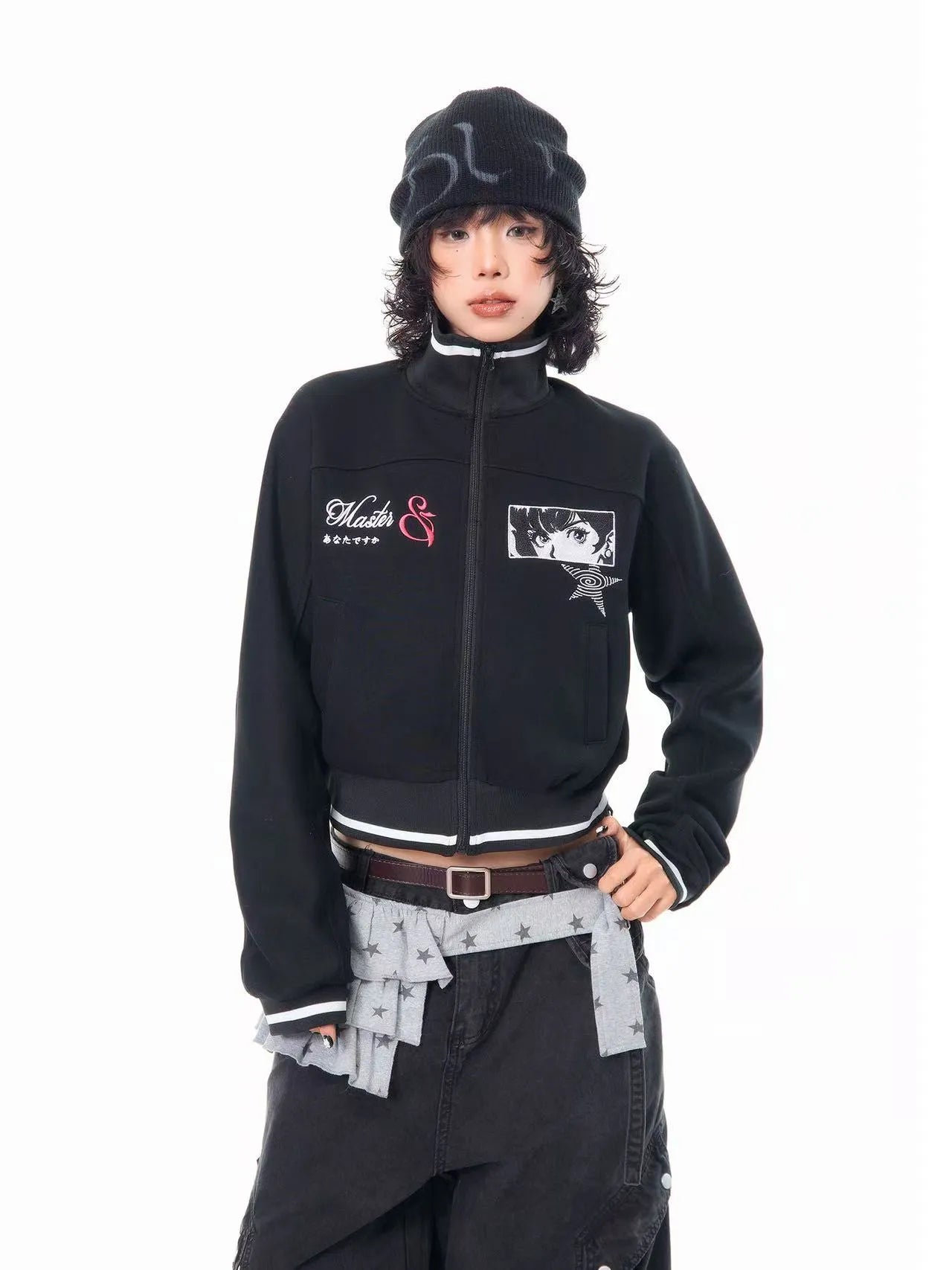 Embroidered Stand Collar Cropped Zip Jacket   OL2202