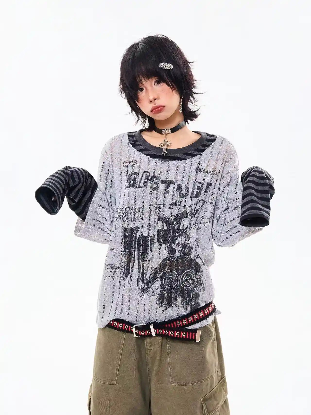 Vintage Layered Style Oversized Long Sleeve Tee   oliviroa オリヴィオラ