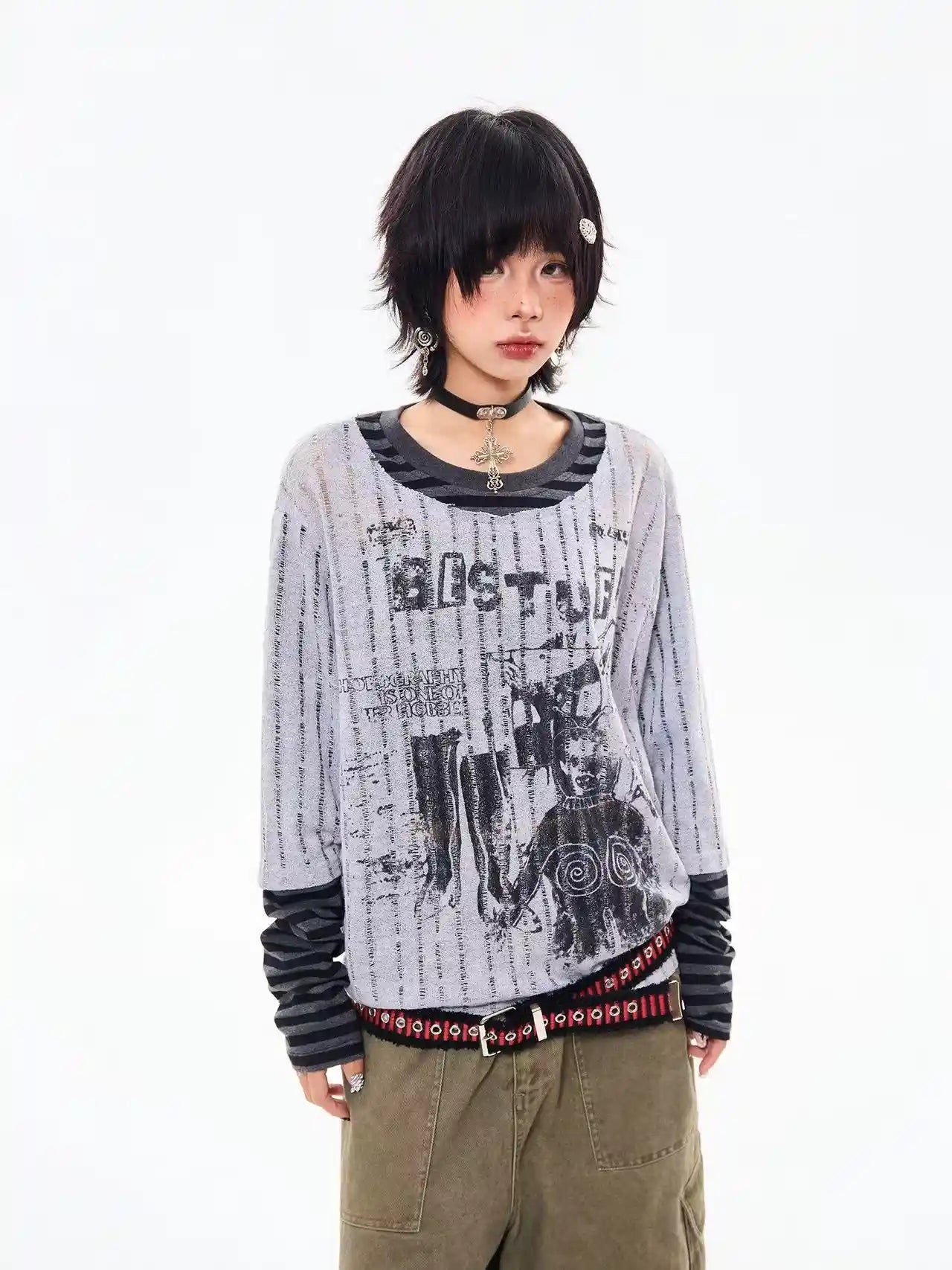 Vintage Layered Style Oversized Long Sleeve Tee   OL2203