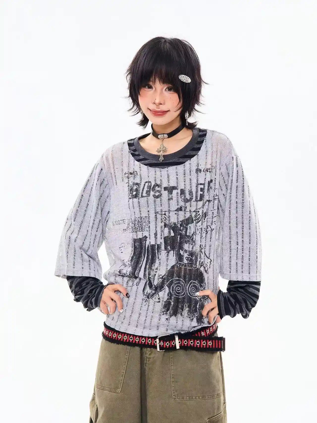 Vintage Layered Style Oversized Long Sleeve Tee   OL2203