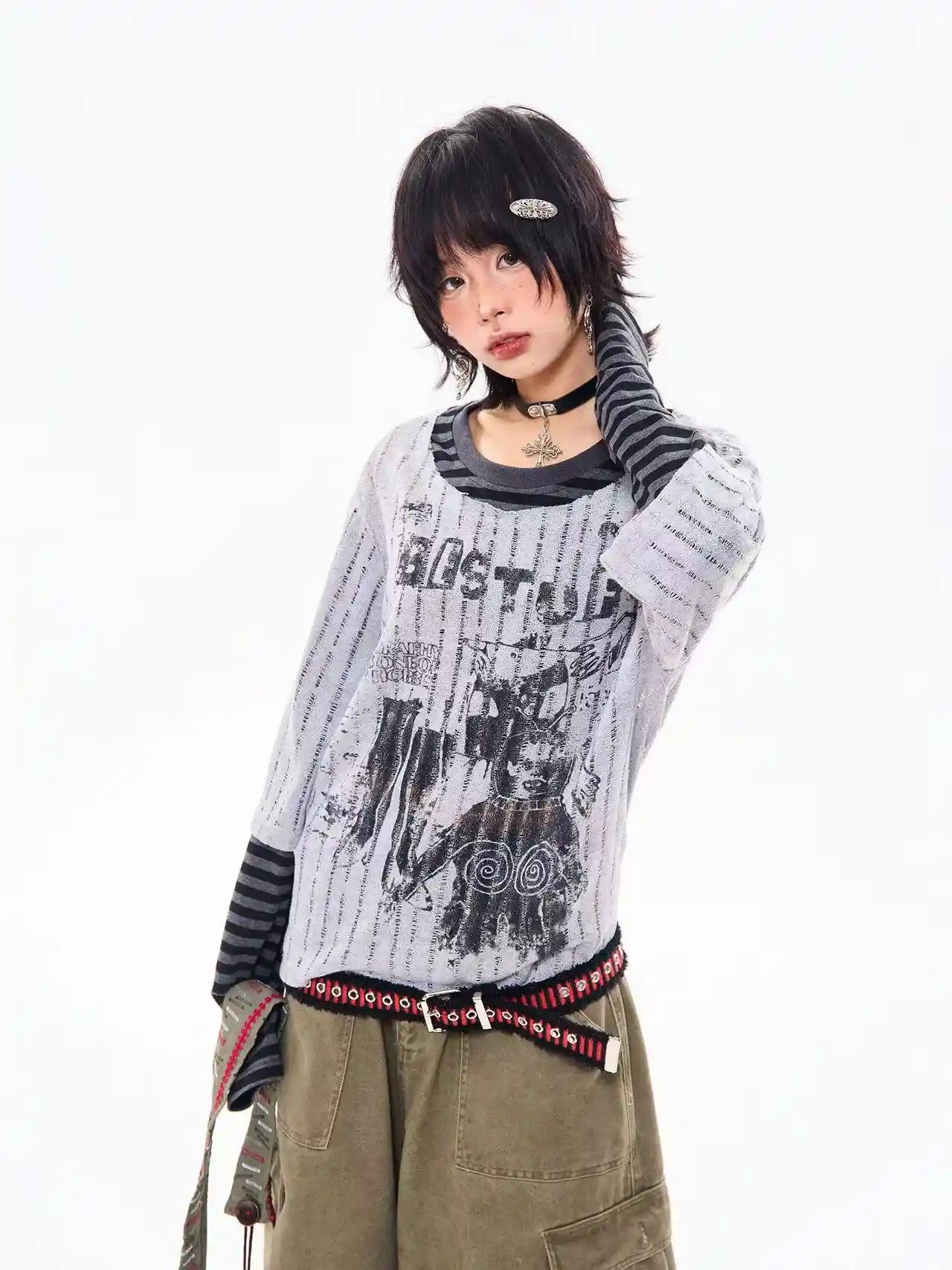 Vintage Layered Style Oversized Long Sleeve Tee   OL2203