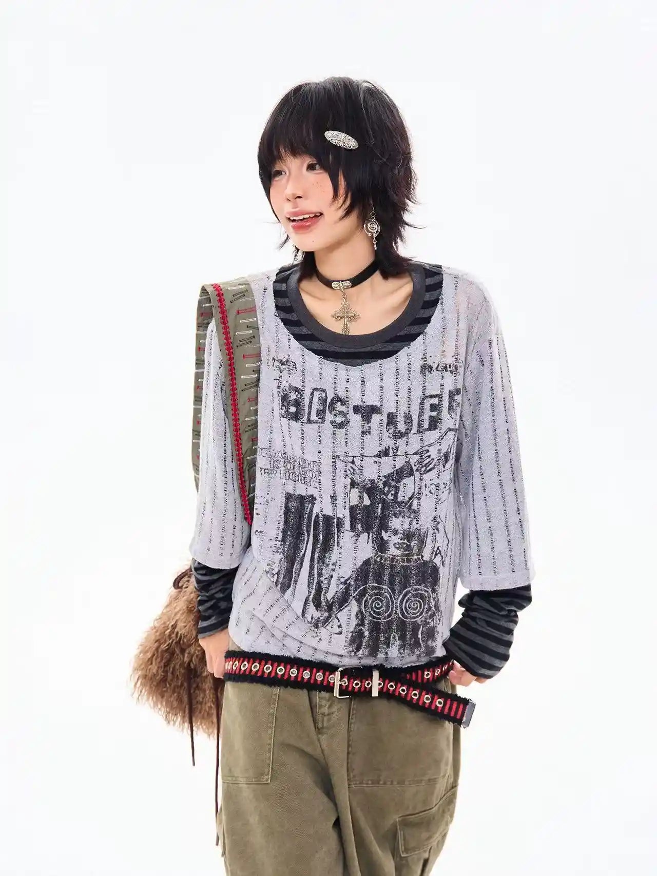 Vintage Layered Style Oversized Long Sleeve Tee   OL2203