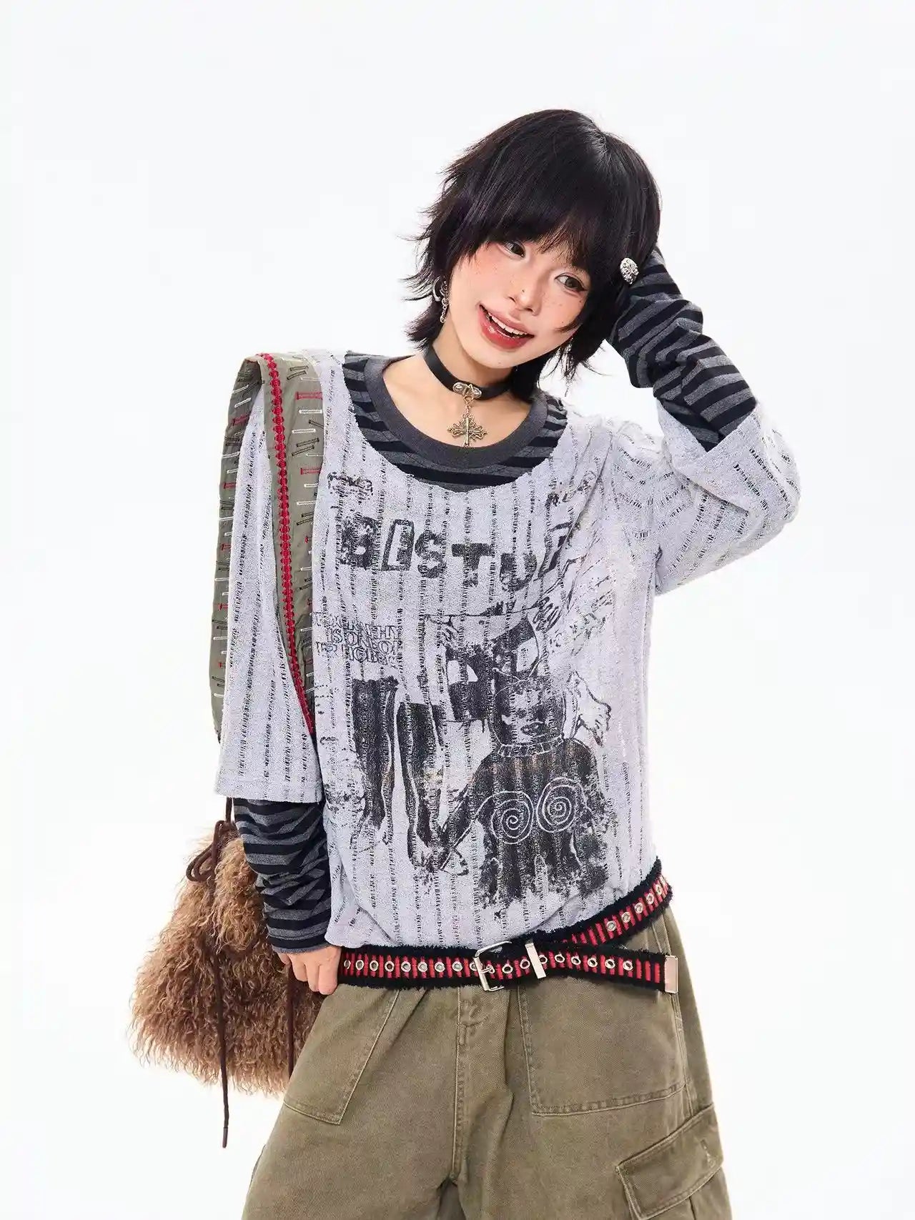 Vintage Layered Style Oversized Long Sleeve Tee   OL2203