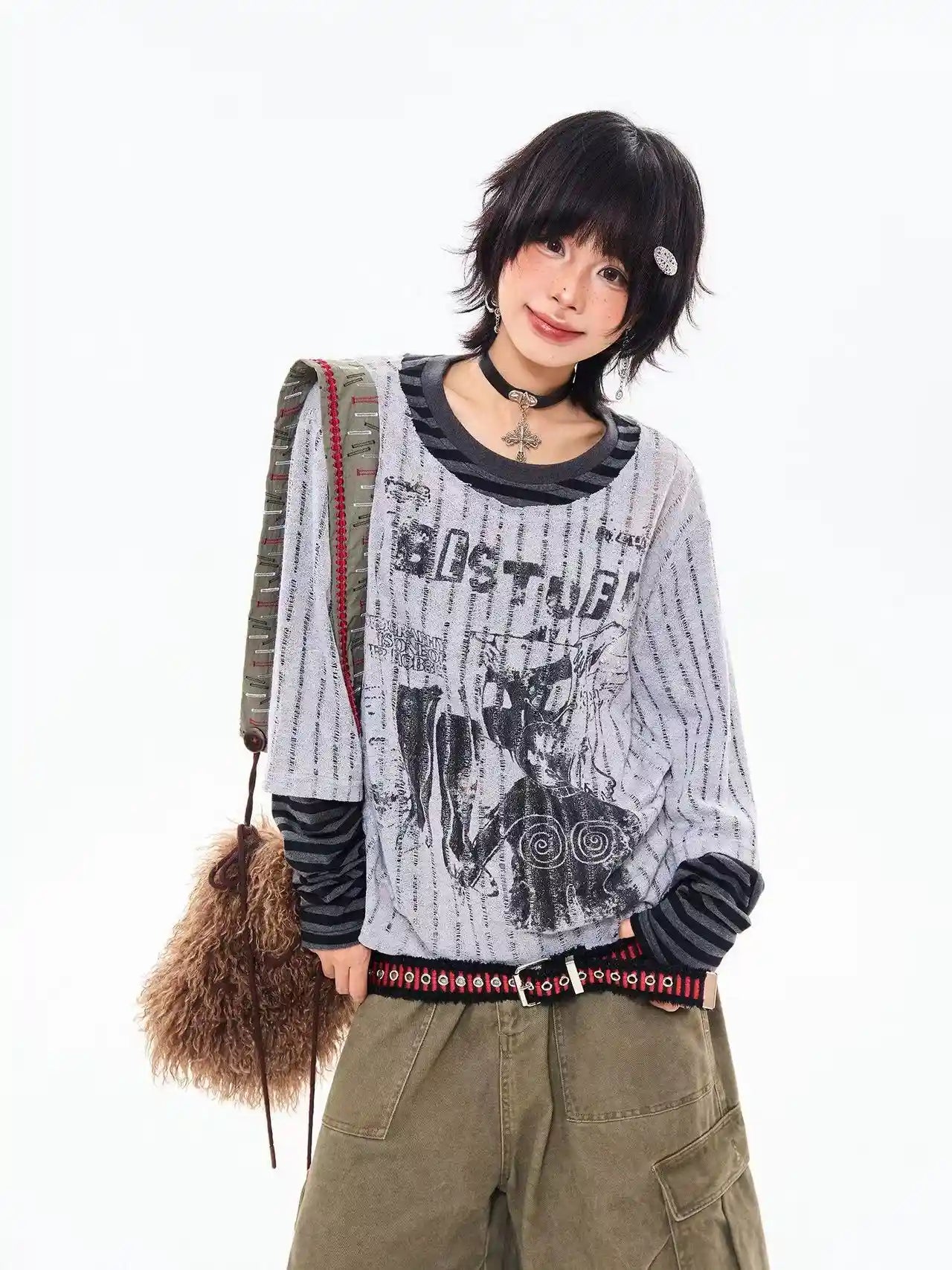 Vintage Layered Style Oversized Long Sleeve Tee   OL2203