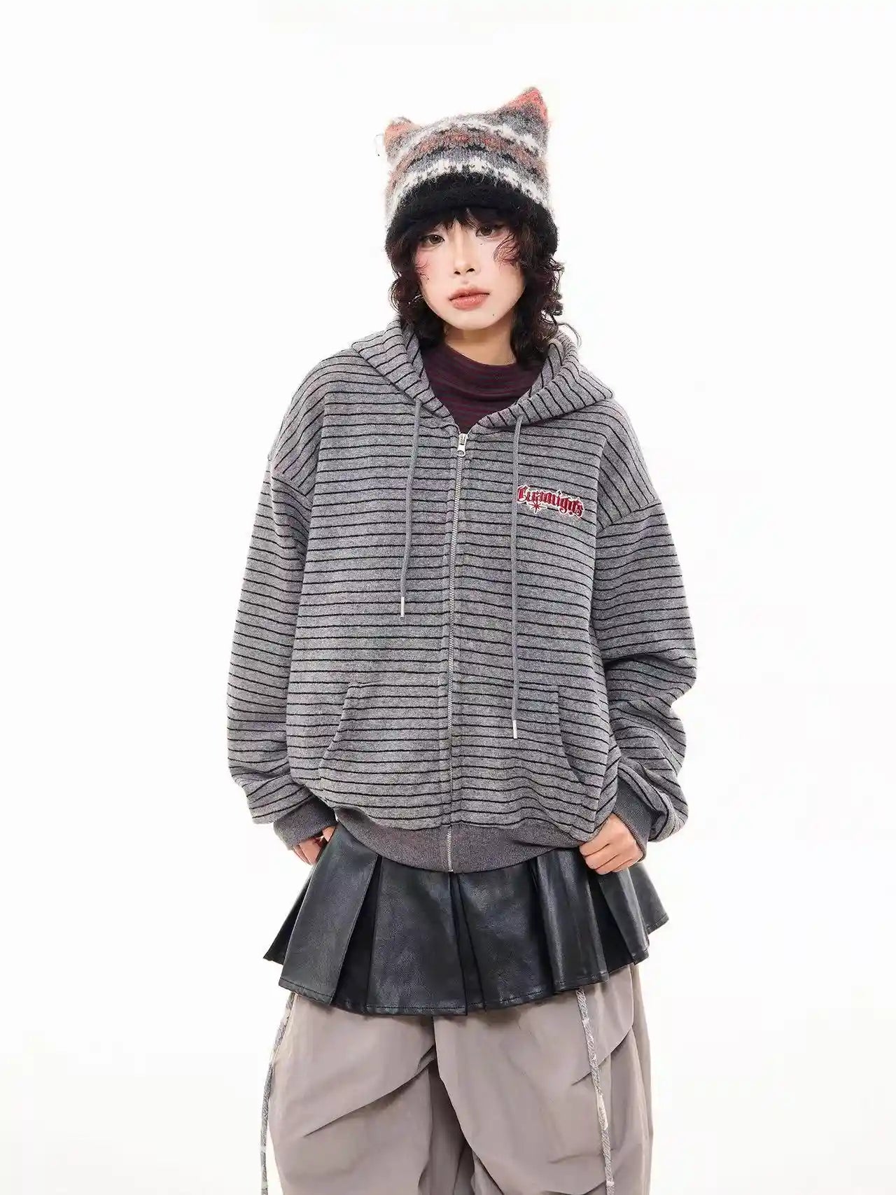 Vintage Stripe Oversized Zip Hoodie   oliviroa オリヴィオラ
