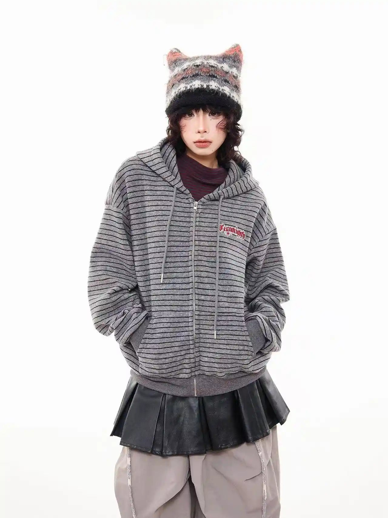 Vintage Stripe Oversized Zip Hoodie   oliviroa オリヴィオラ