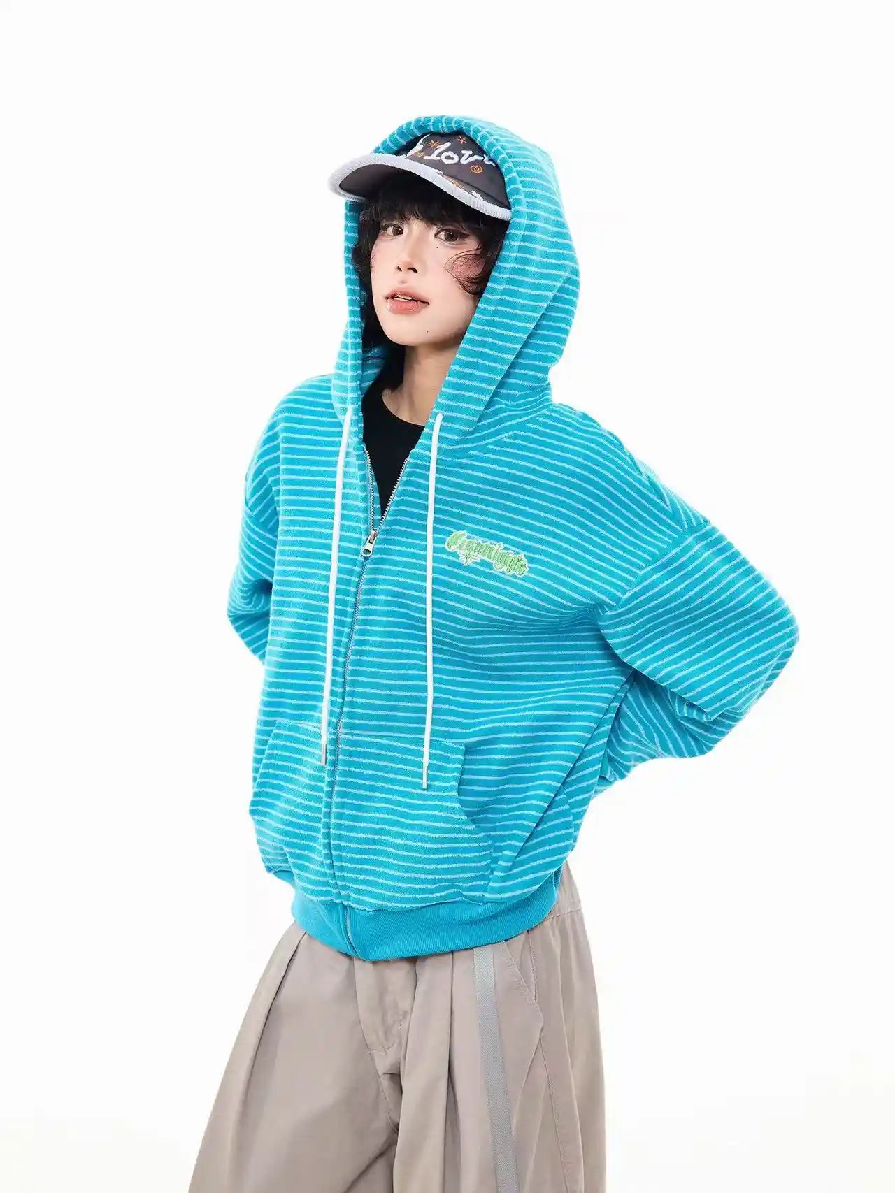 Vintage Stripe Oversized Zip Hoodie   OL2204