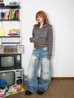 Vintage Stripe Bunny Ear Cropped Hoodie OL2205