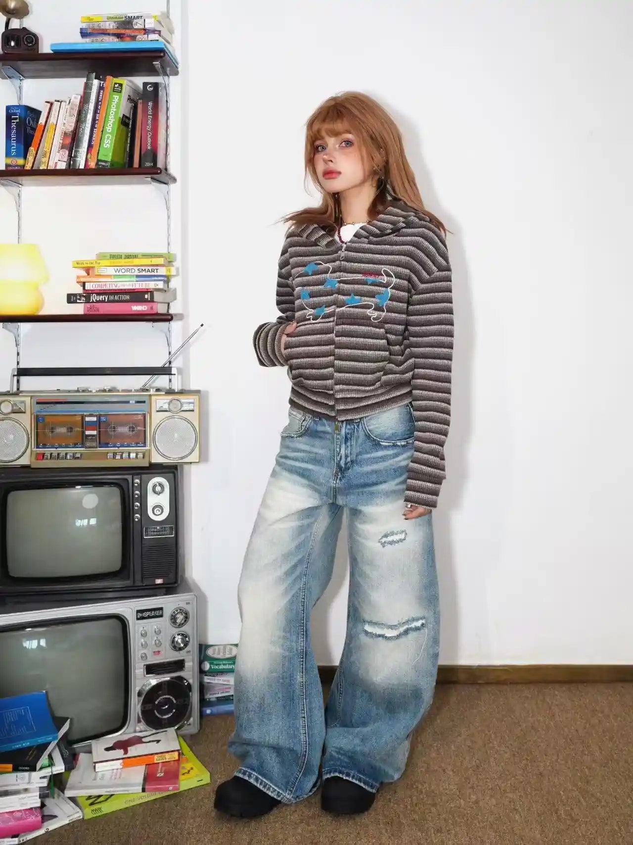 Vintage Stripe Bunny Ear Cropped Hoodie   OL2205