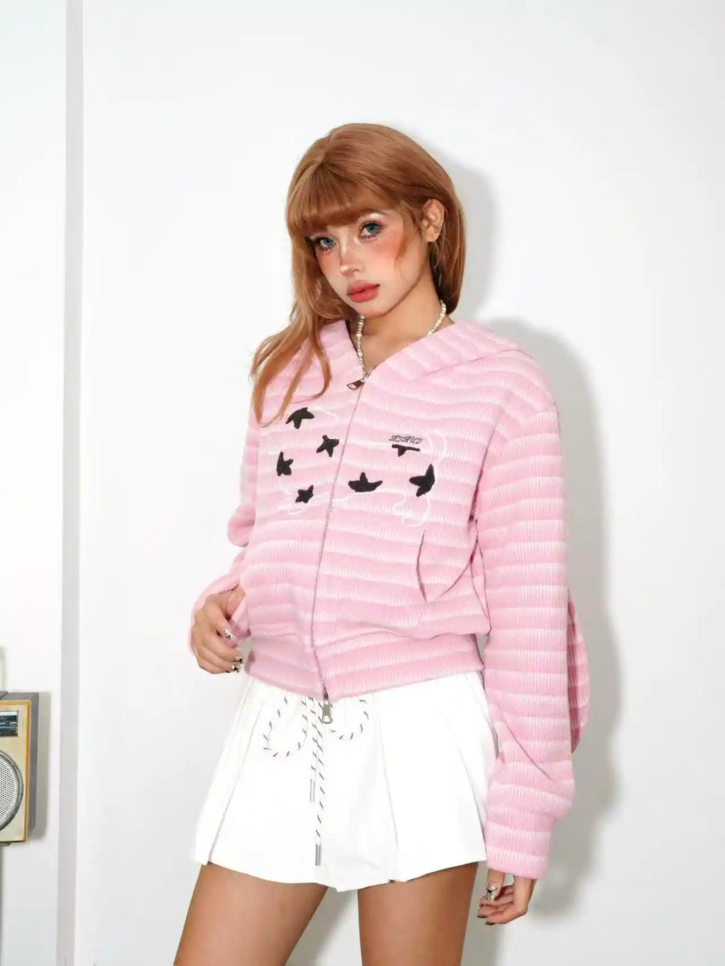Vintage Stripe Bunny Ear Cropped Hoodie OL2205