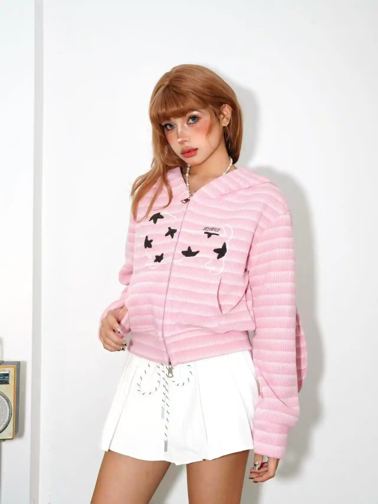 Vintage Stripe Bunny Ear Cropped Hoodie   OL2205