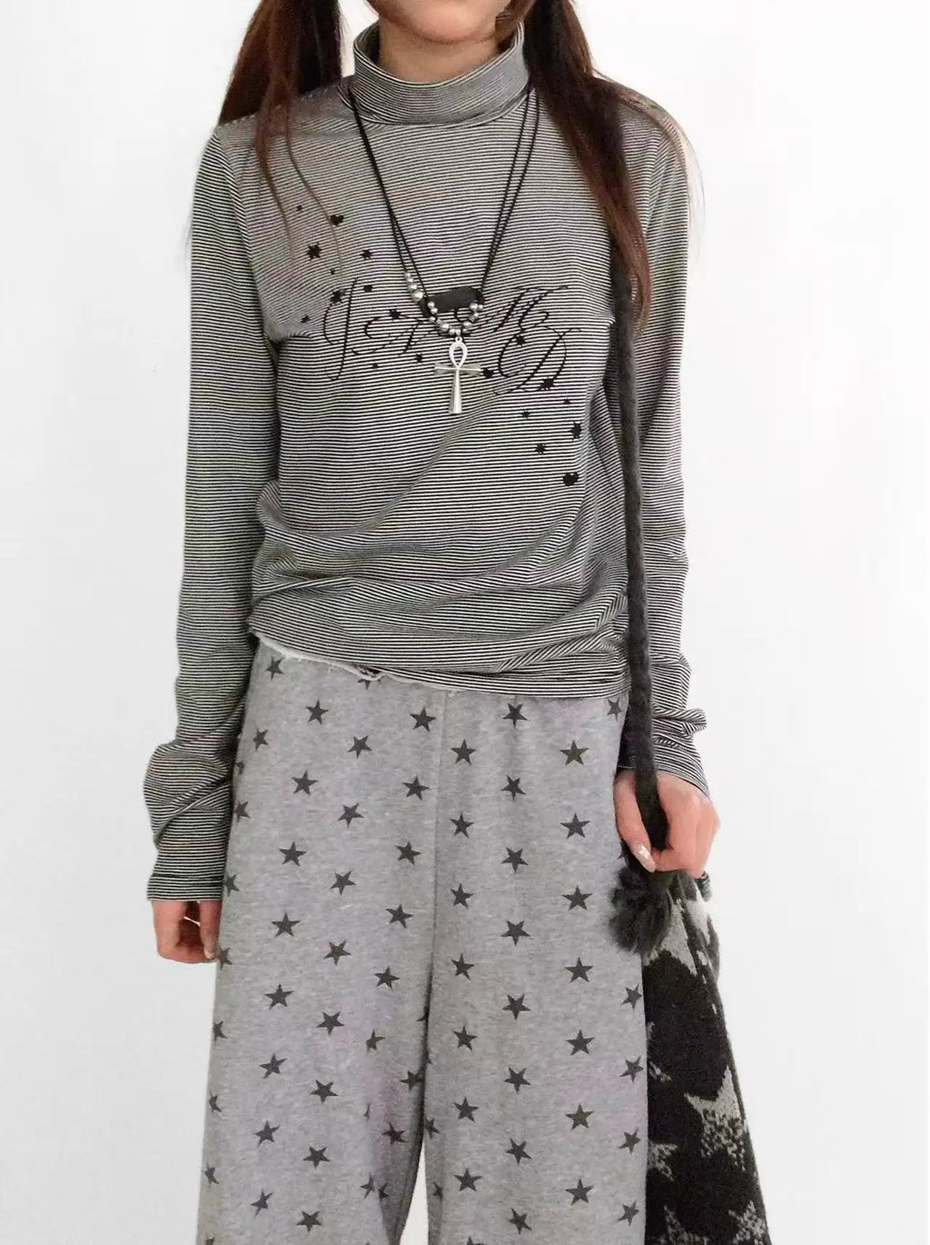 Star Fragment Print High Neck Layered Long Sleeve Top OL2206