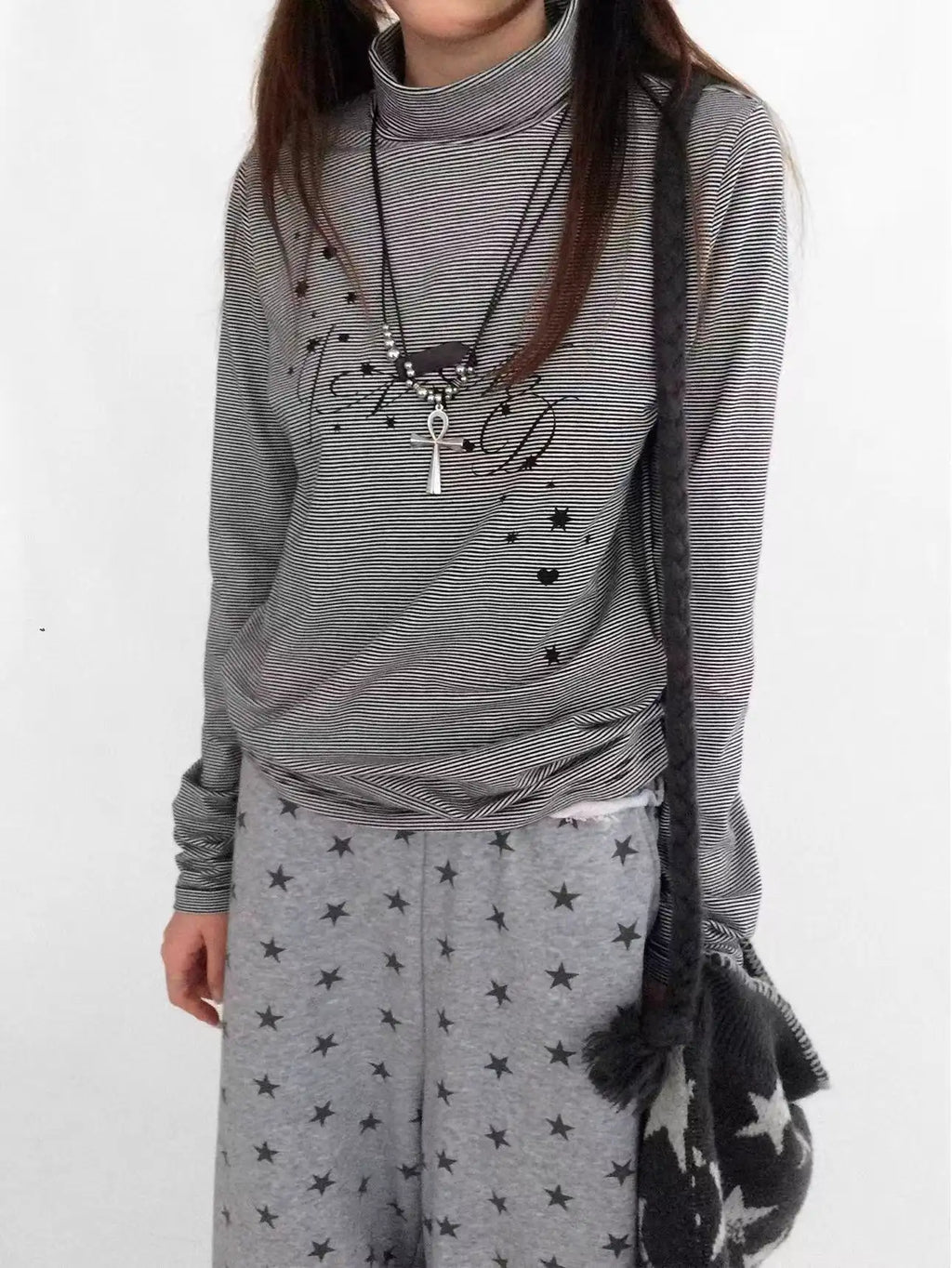 Star Fragment Print High Neck Layered Long Sleeve Top   oliviroa オリヴィオラ
