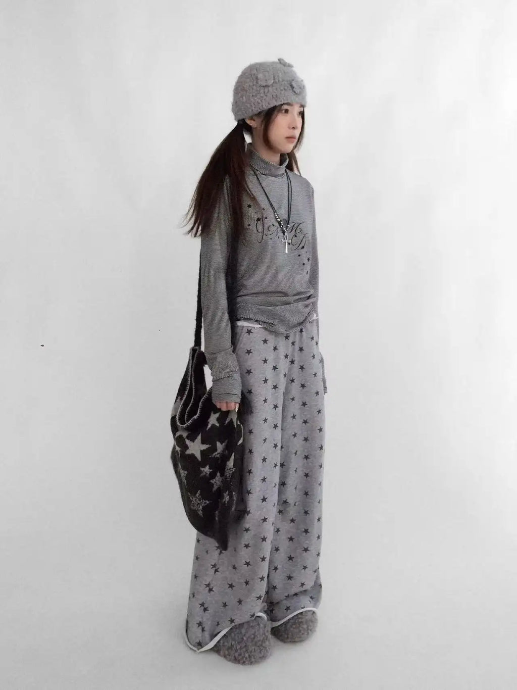 Star Fragment Print High Neck Layered Long Sleeve Top OL2206