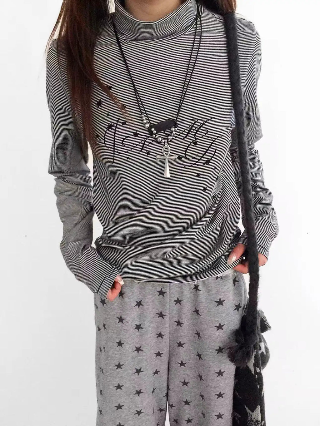 Star Fragment Print High Neck Layered Long Sleeve Top OL2206