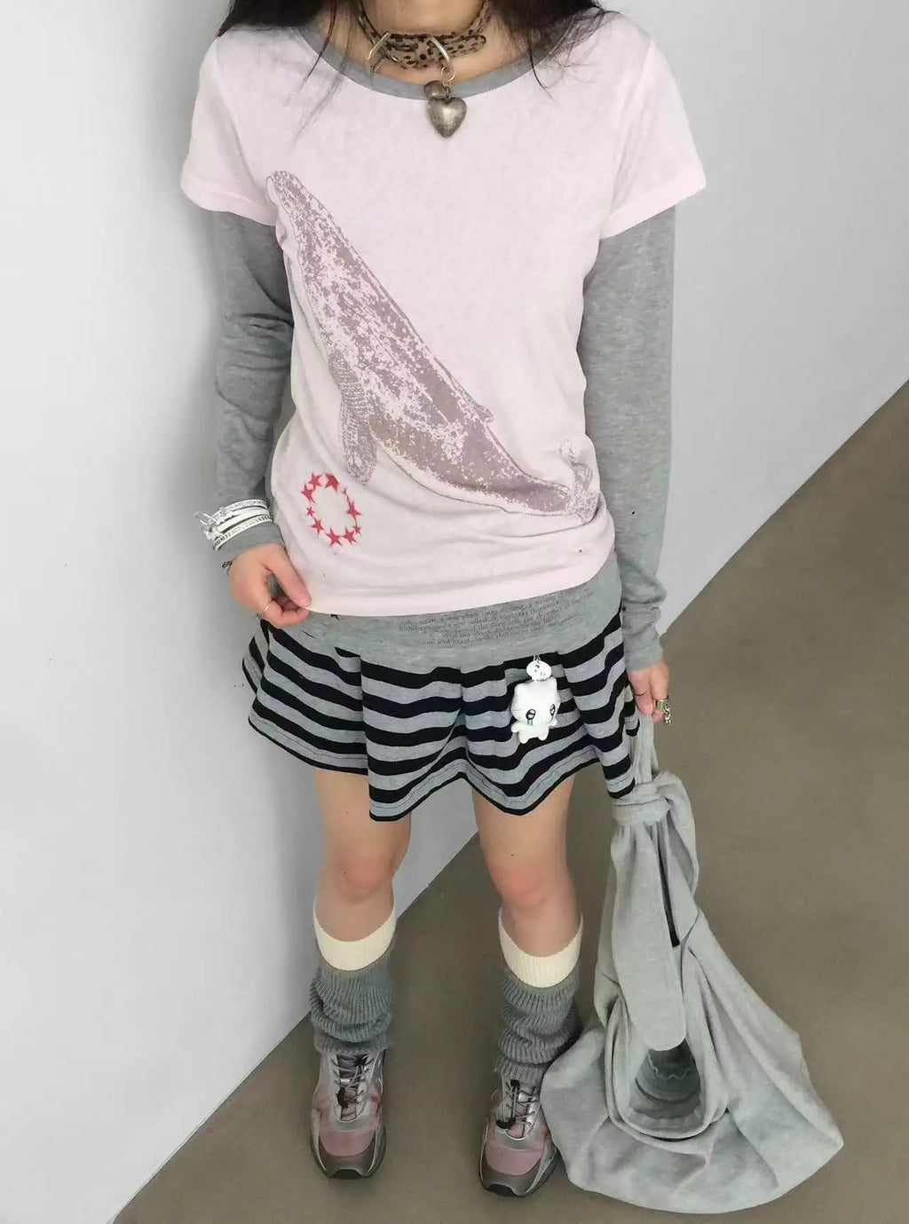 Whale Embroidery Layered Contrast Long Sleeve Tee OL2207