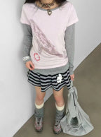 Whale Embroidery Layered Contrast Long Sleeve Tee OL2207