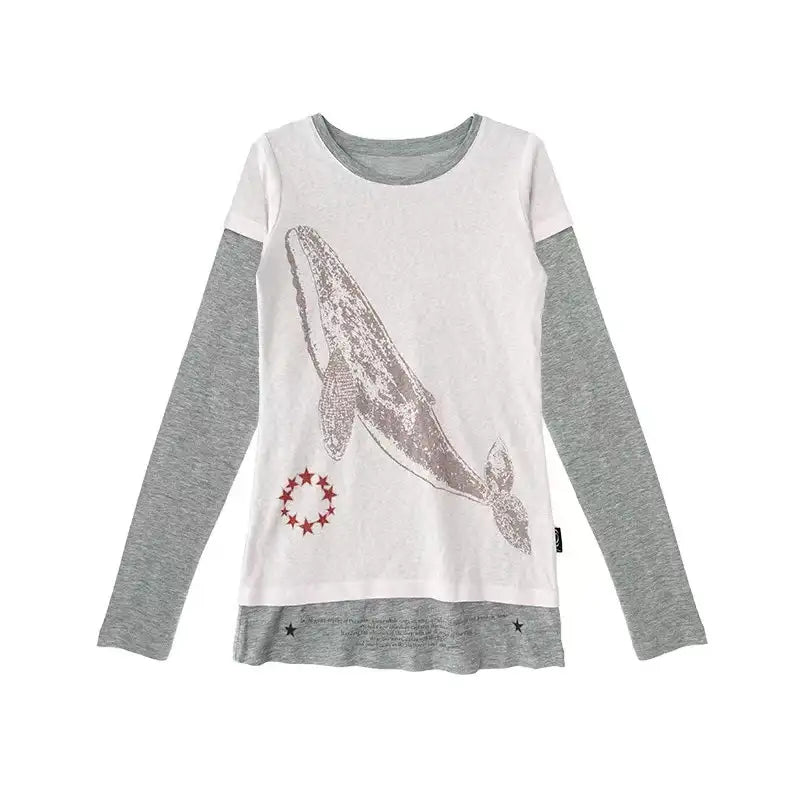 Whale Embroidery Layered Contrast Long Sleeve Tee OL2207