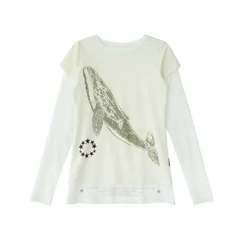 Whale Embroidery Layered Contrast Long Sleeve Tee OL2207