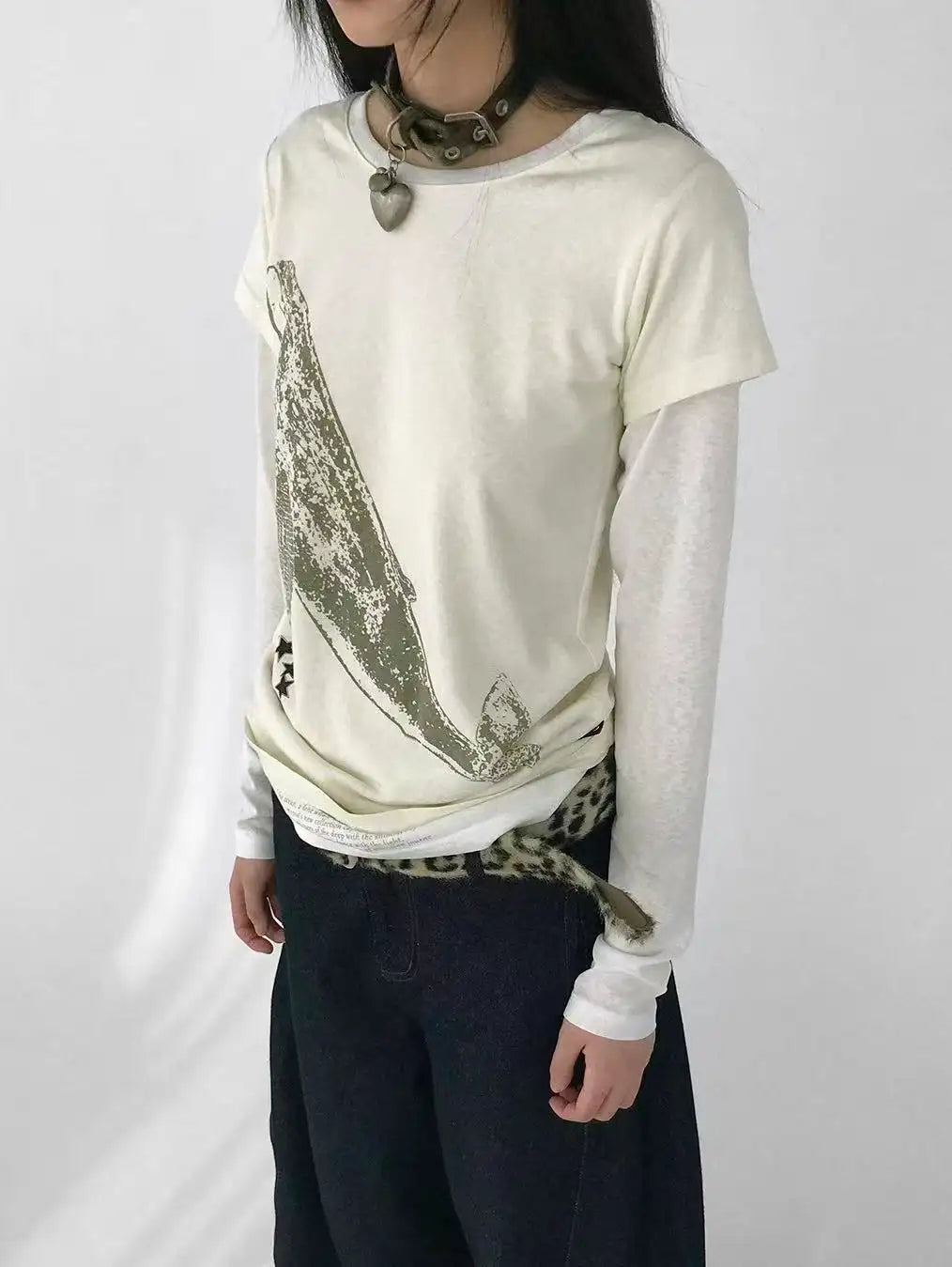 Whale Embroidery Layered Contrast Long Sleeve Tee OL2207